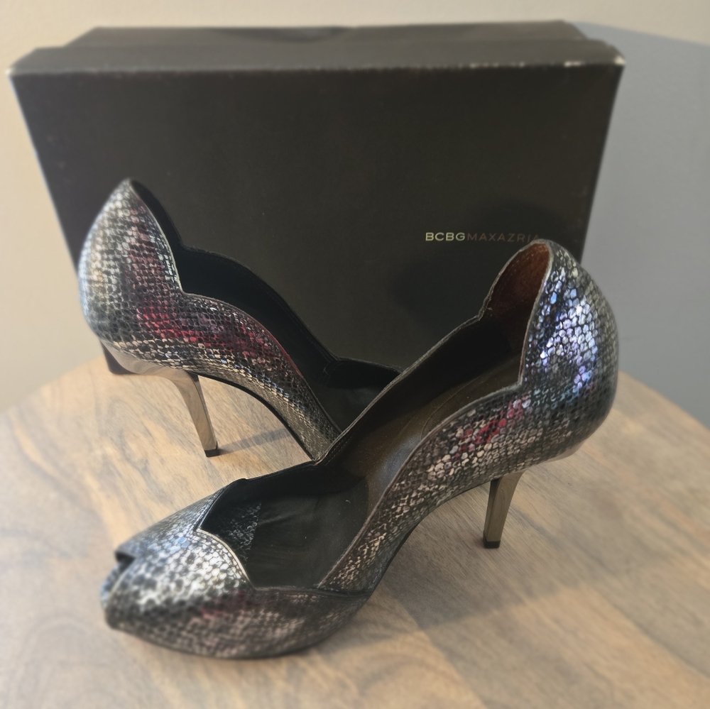 Bcbg Max Azria Black Silver Heel Pump Scalloped Snake Reptile Size 8